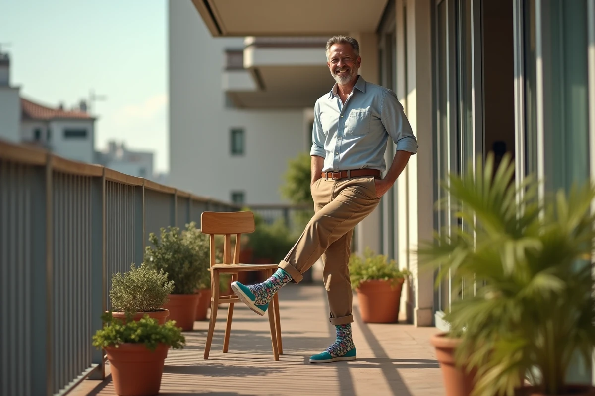 Homme souriant montrant ses chaussettes graphiques sur un balcon en ville
