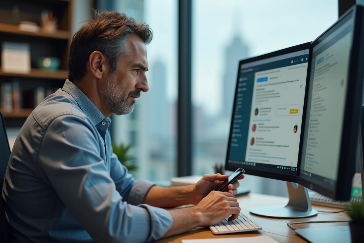 Homme au bureau utilisant un ordinateur et smartphone