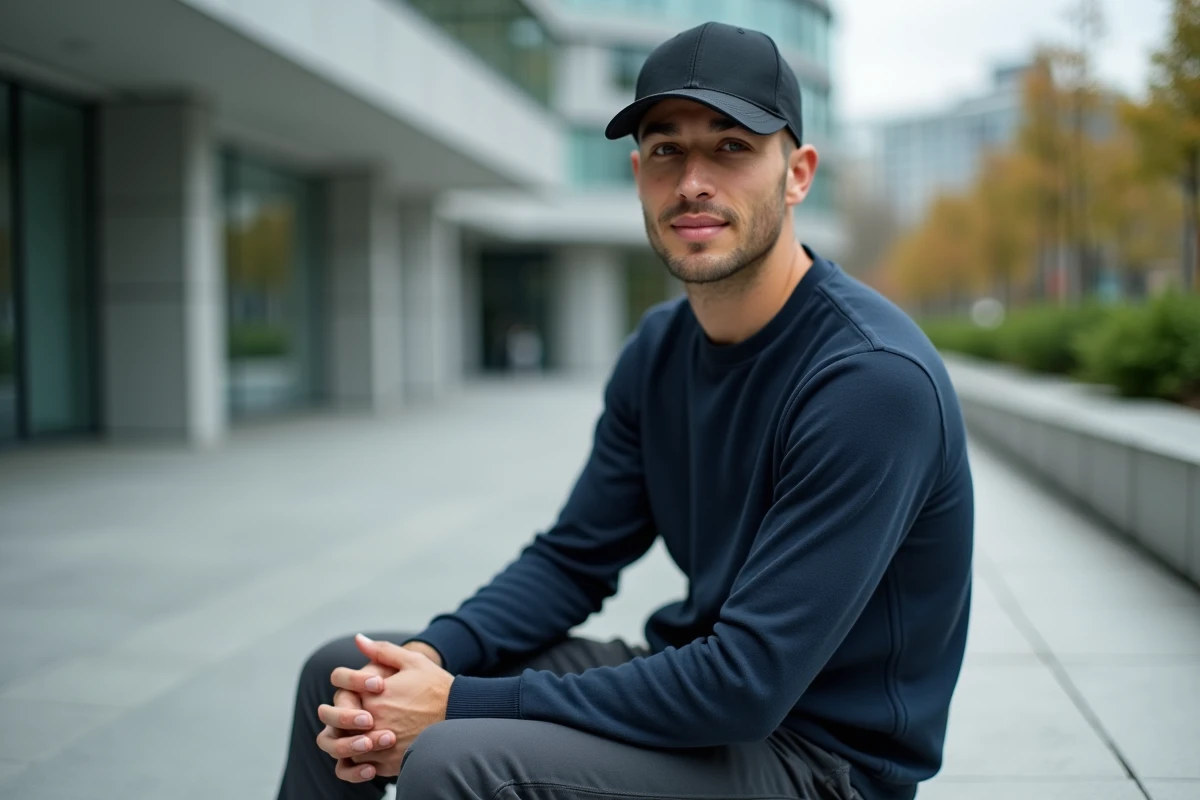 Jeune homme stylé avec une casquette baseball noire structurée dans une place urbaine moderne, look streetwear tendance