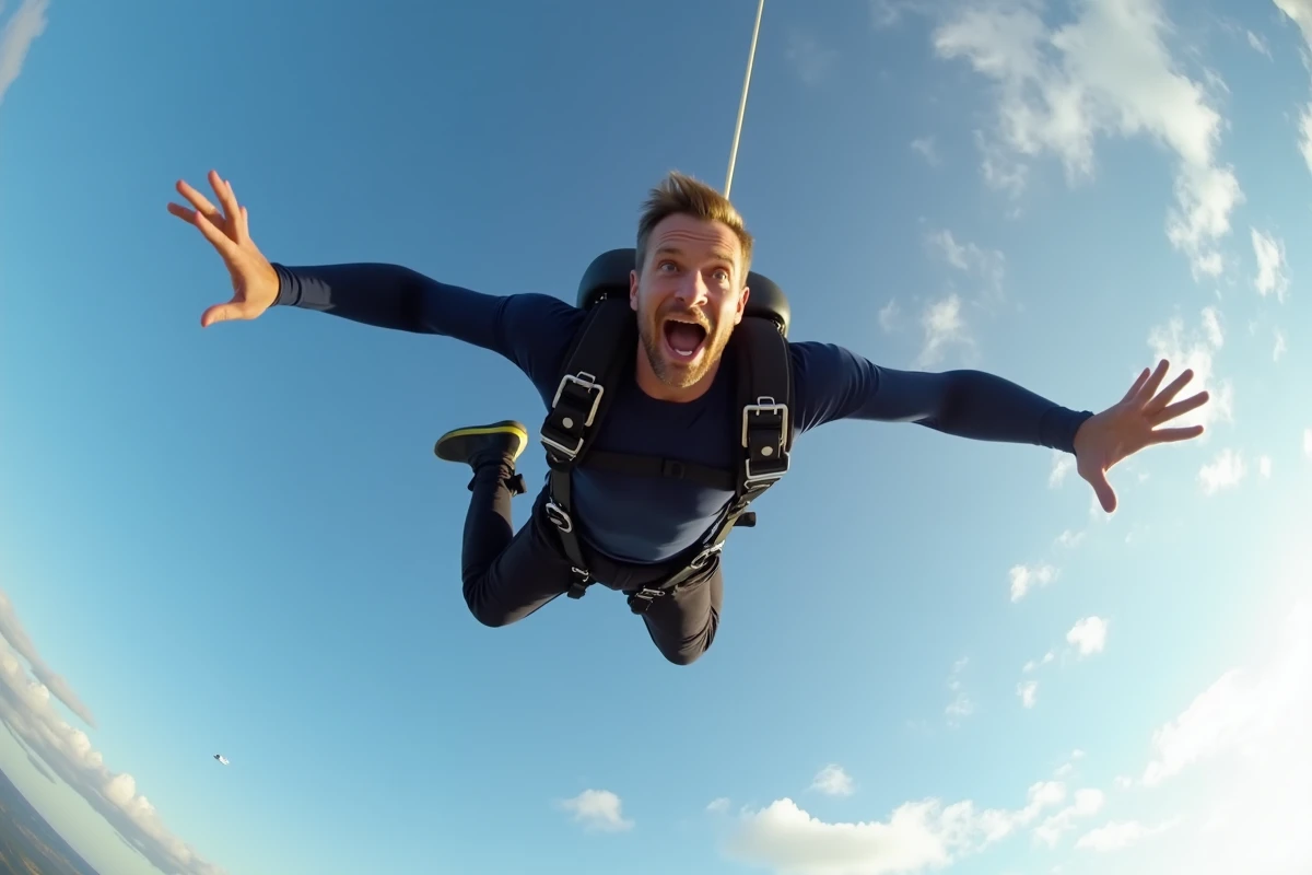 Homme en chute libre lors d'un saut en parachute tandem, bras écartés, sur fond de ciel bleu et de nuages blancs