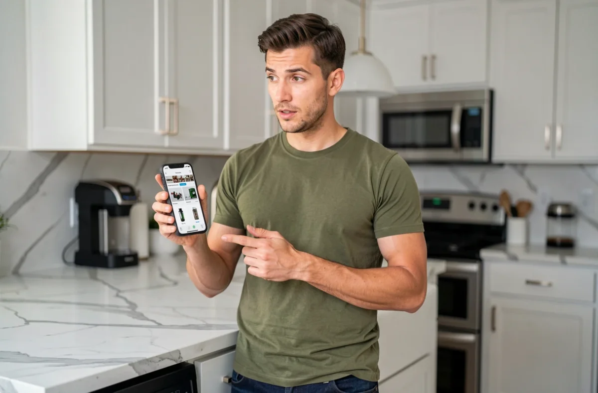 Homme comparant des produits sur smartphone lors d'un achat en ligne dans une cuisine moderne