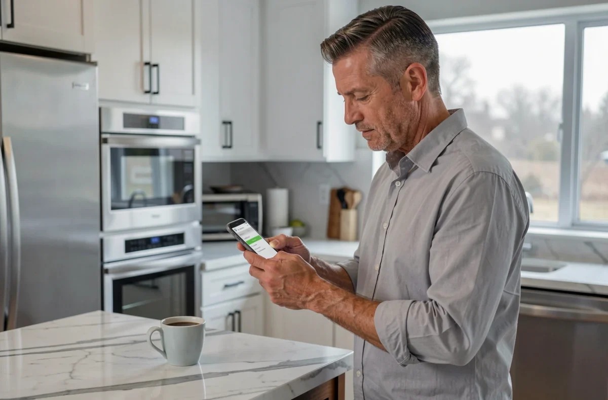 Homme se connectant à son compte en ligne CRCA22 depuis son smartphone dans une cuisine moderne