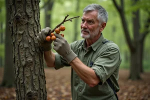 Homme en forêt de chênes examinant des galles de chêne sur une branche avec des gants de protection