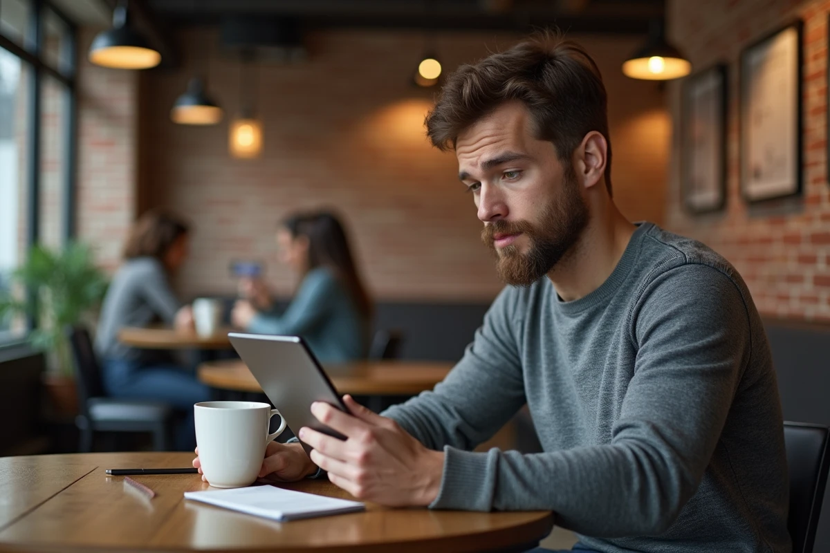 Homme consultant des informations professionnelles sur une tablette dans un espace de coworking tendance