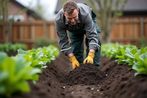 Homme d'âge moyen étalant du fumier dans un jardin suburbain