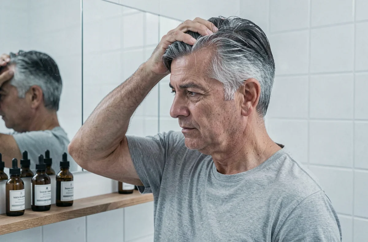 Homme mature aux cheveux poivre et sel massant son cuir chevelu avec des huiles naturelles dans une salle de bain épurée