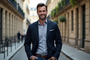 Homme élégant dans une rue parisienne calme