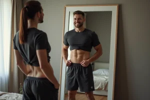 Homme sportif regardant son abdomen dans un miroir moderne