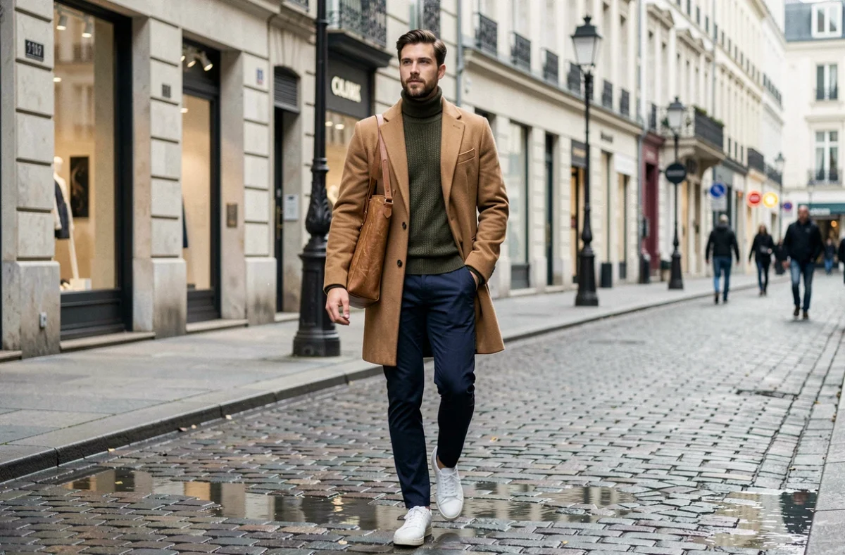 Homme en manteau camel et pull col roulé olive marchant sur une rue pavée européenne avec un sac en cuir tan, style urbain élégant
