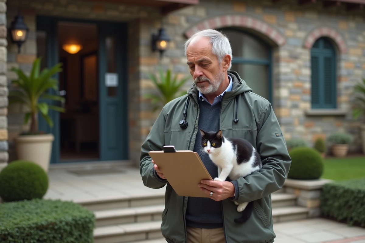 Homme avec chat devant une clinique vétérinaire extérieure