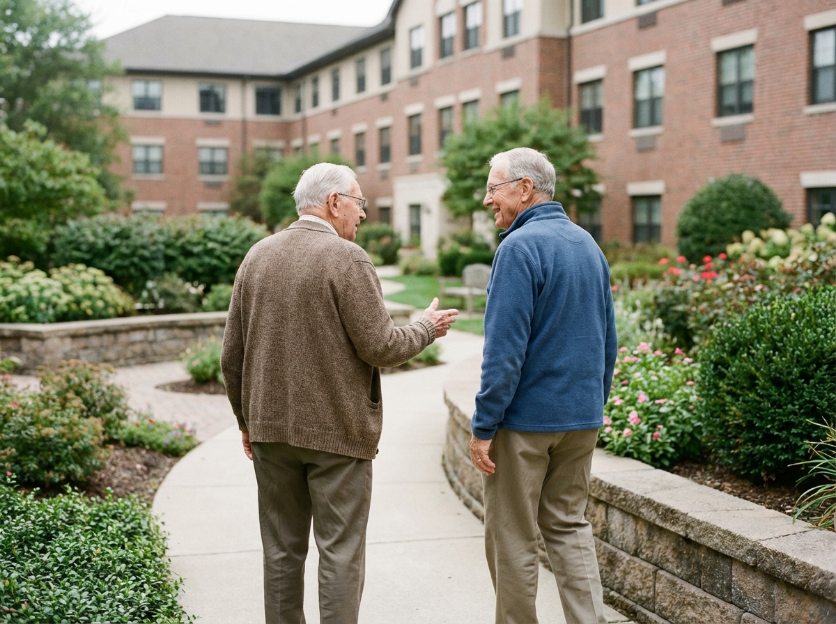 Deux hommes seniors marchant dans un jardin paisible