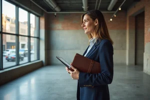 Femme d'affaires inspectant un local commercial vide avant l'installation de son entreprise