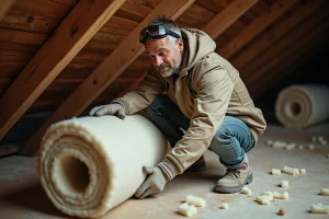 Artisan posant de la laine minérale entre les chevrons d'un comble pendant des travaux d'isolation de toiture