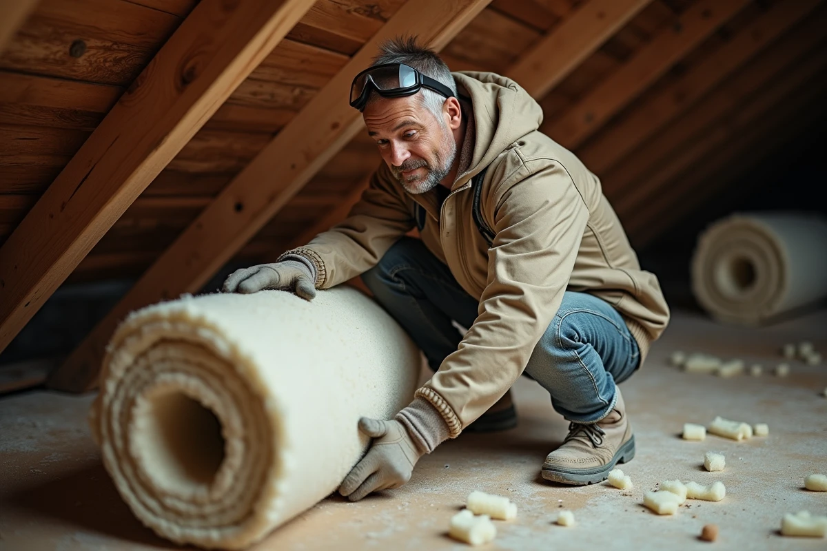 Artisan posant de la laine minérale entre les chevrons d'un comble pendant des travaux d'isolation de toiture