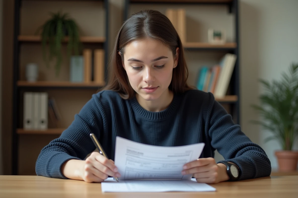 Jeune femme consultant un dossier de garantie Visale à son bureau à domicile