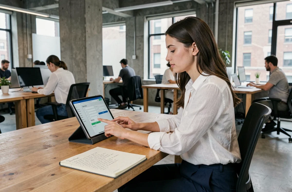 Jeune femme suivant les étapes de connexion à l'espace personnel CRCA22 sur une tablette dans un espace de coworking