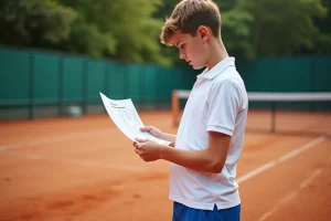 Jeune joueur de tennis concentré sur un classement sur terre battue