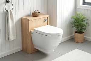 Kit toilettes sèches de style scandinave installé dans une salle de bain minimaliste avec des matériaux en bois naturel