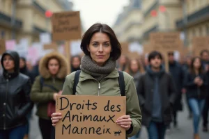 Militante pour les droits des animaux tenant une pancarte lors d'une manifestation pacifique à Paris