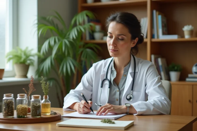 Médecin intégrant des approches naturelles avec des plantes médicinales lors d'une consultation en cabinet