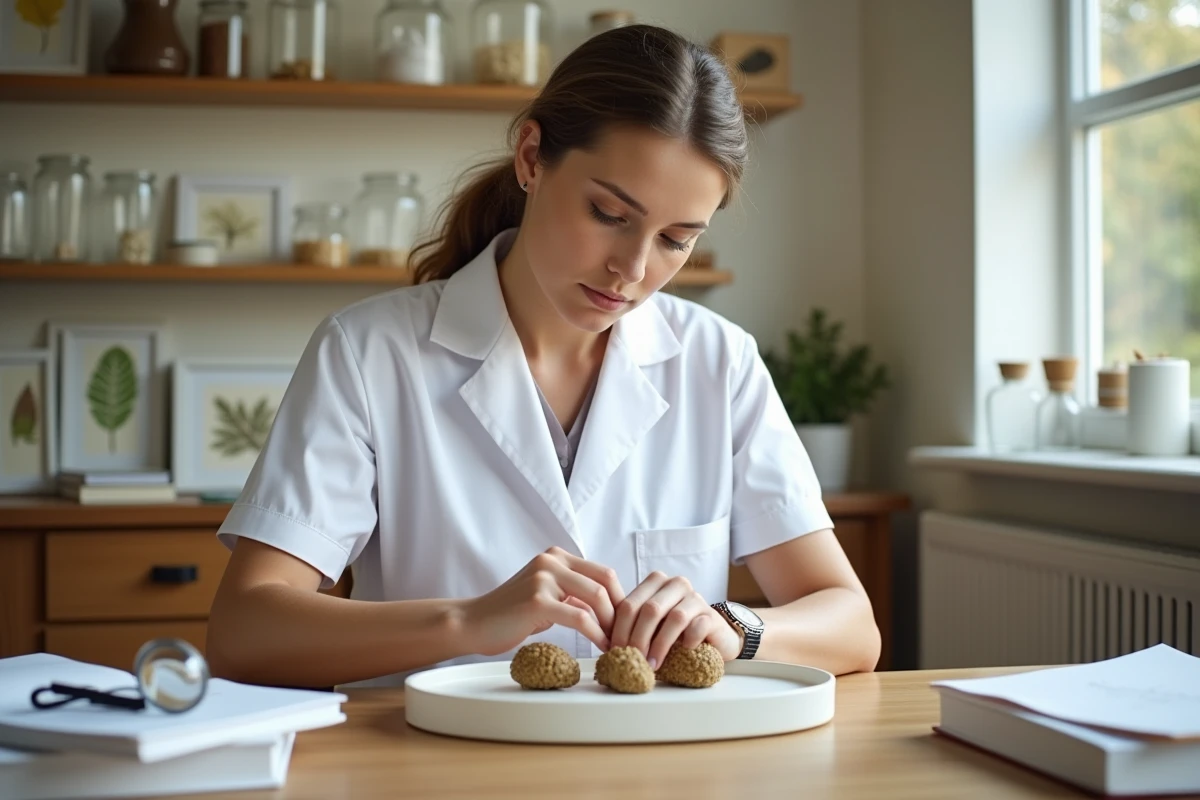 Naturaliste féminine examinant des galles de chêne sur un plateau dans un bureau de consultation scientifique