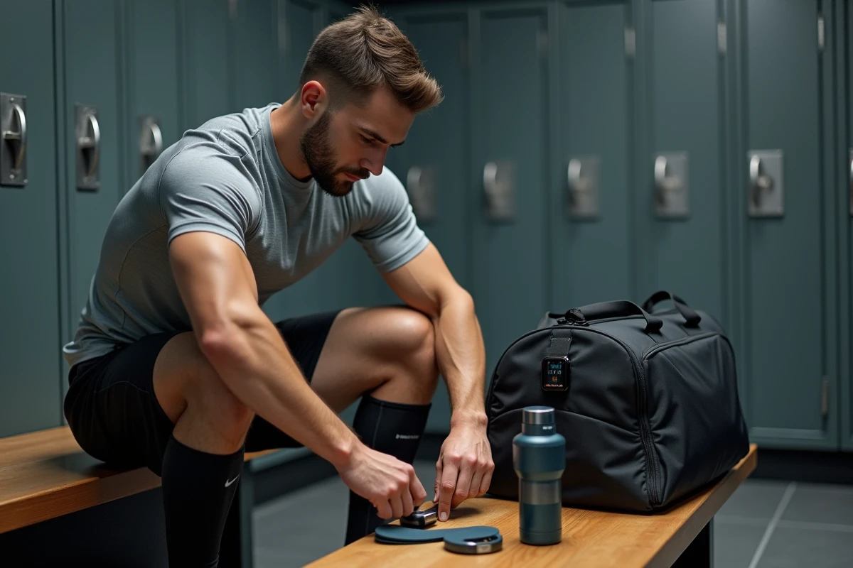 Sportif organisant son équipement de sport dans un vestiaire avant l'entraînement