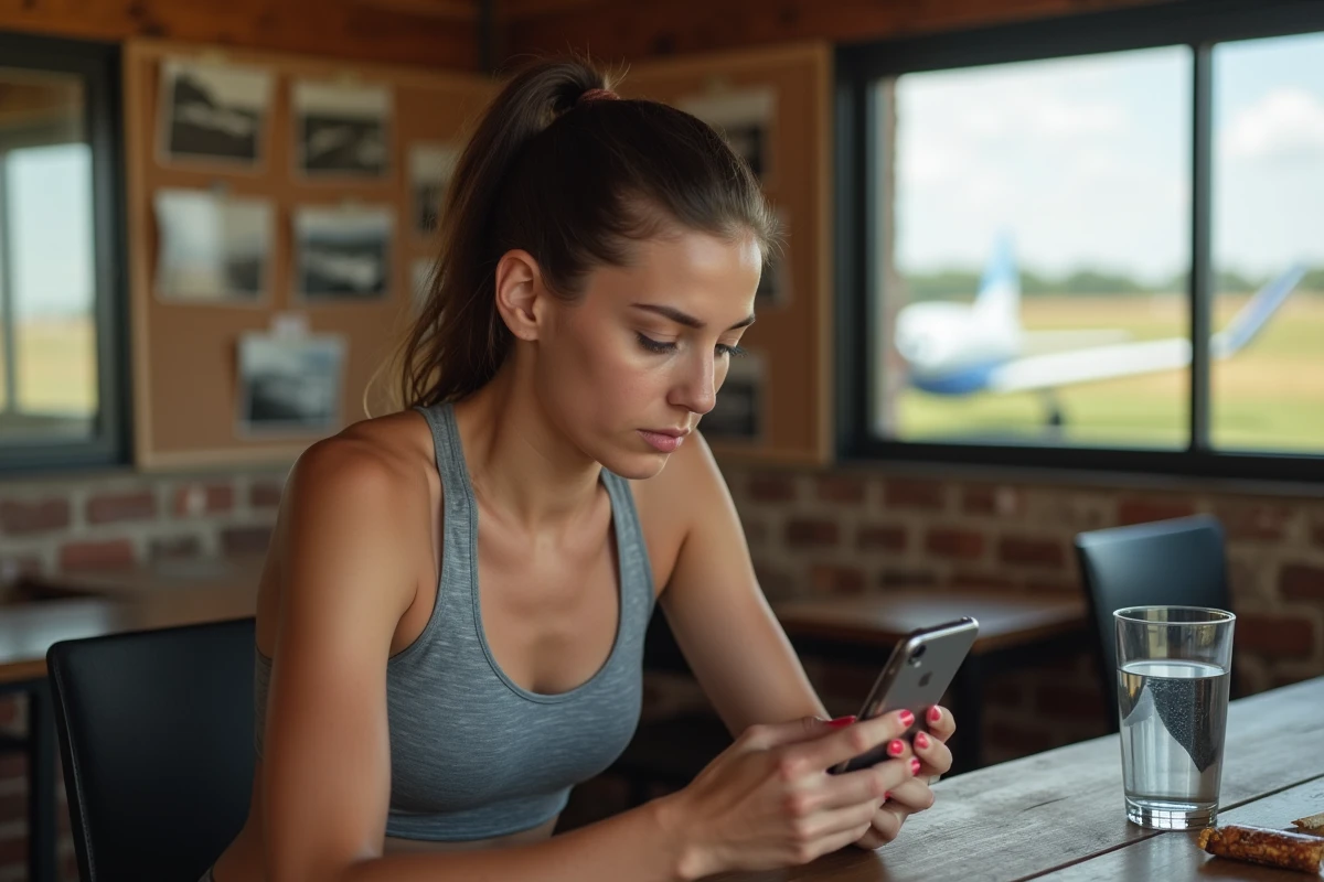 Jeune femme parachutiste consultant une application de suivi de calories sur son téléphone dans un club de parachutisme