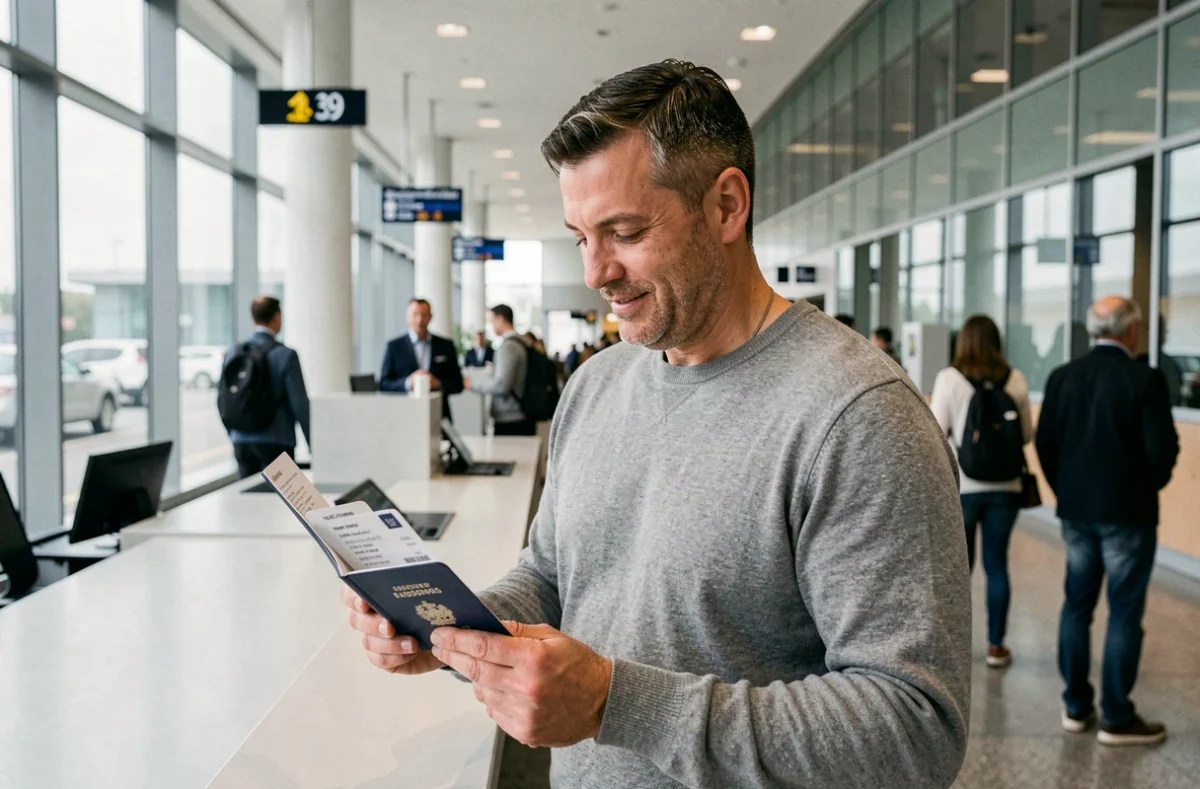 Homme tenant son passeport et sa carte d'embarquement dans un terminal d'aéroport international