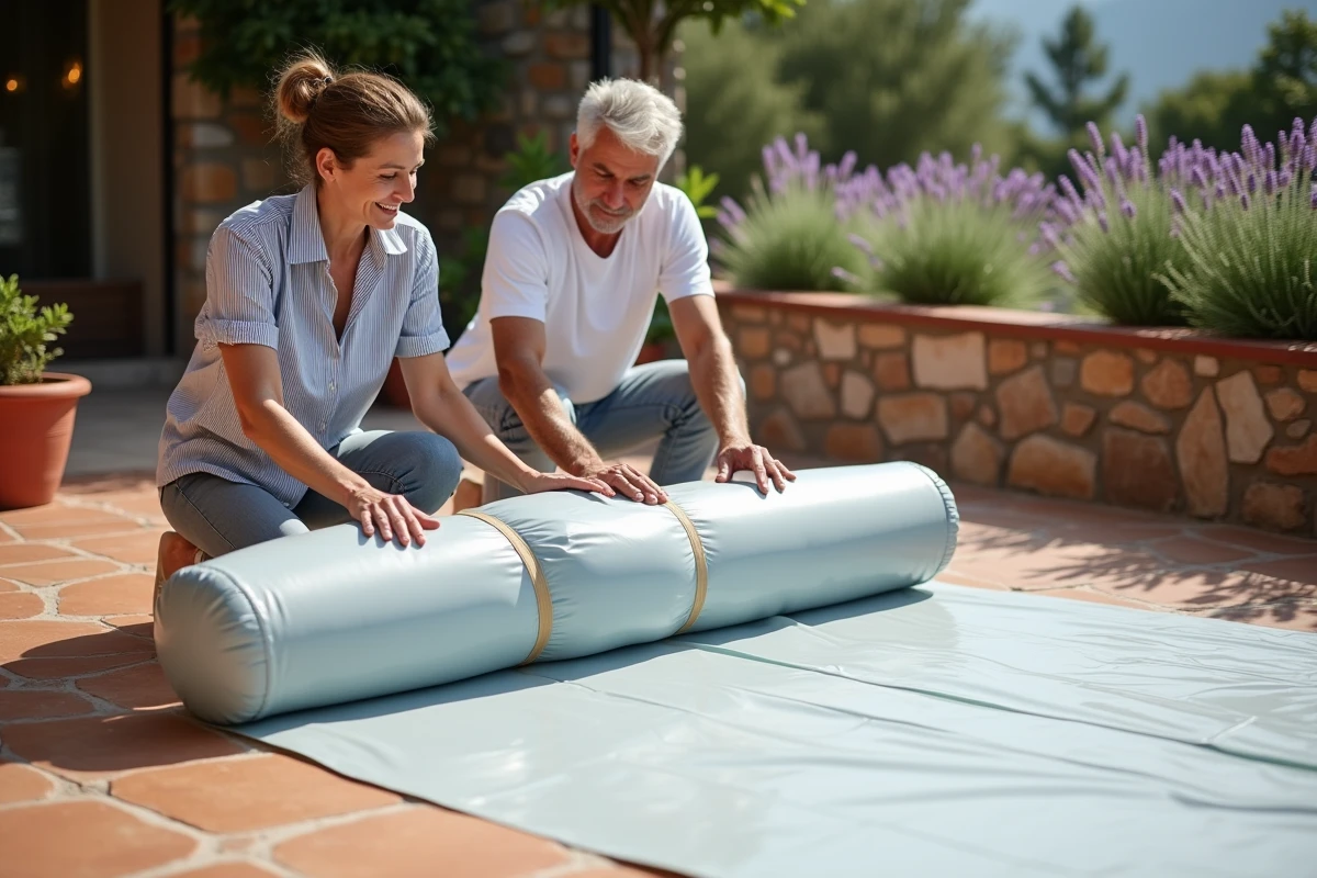 Couple pliant et roulant un spa gonflable MSPA complètement dégonflé sur une terrasse en carrelage