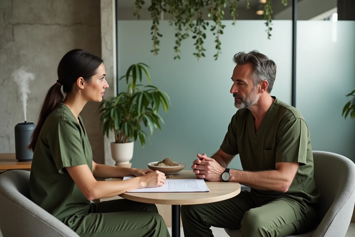 Professionnel de santé discutant d'un plan de soins intégratifs alliant ostéopathie et plantes adaptogènes avec un patient