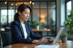 Professionnelle consultant l'actualité économique en ligne sur son ordinateur portable dans un bureau moderne