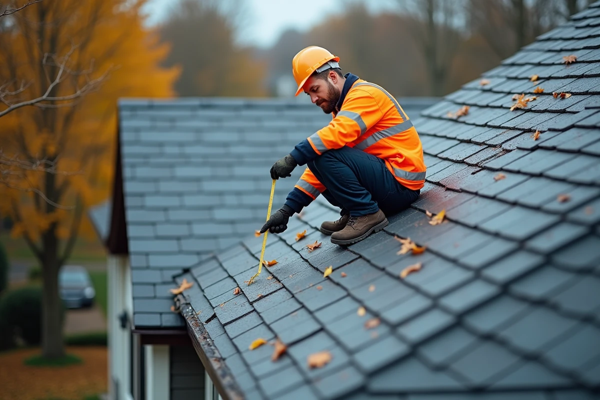 Couvreur inspectant une toiture rénovée avec des ardoises neuves après des travaux d'isolation thermique par l'extérieur