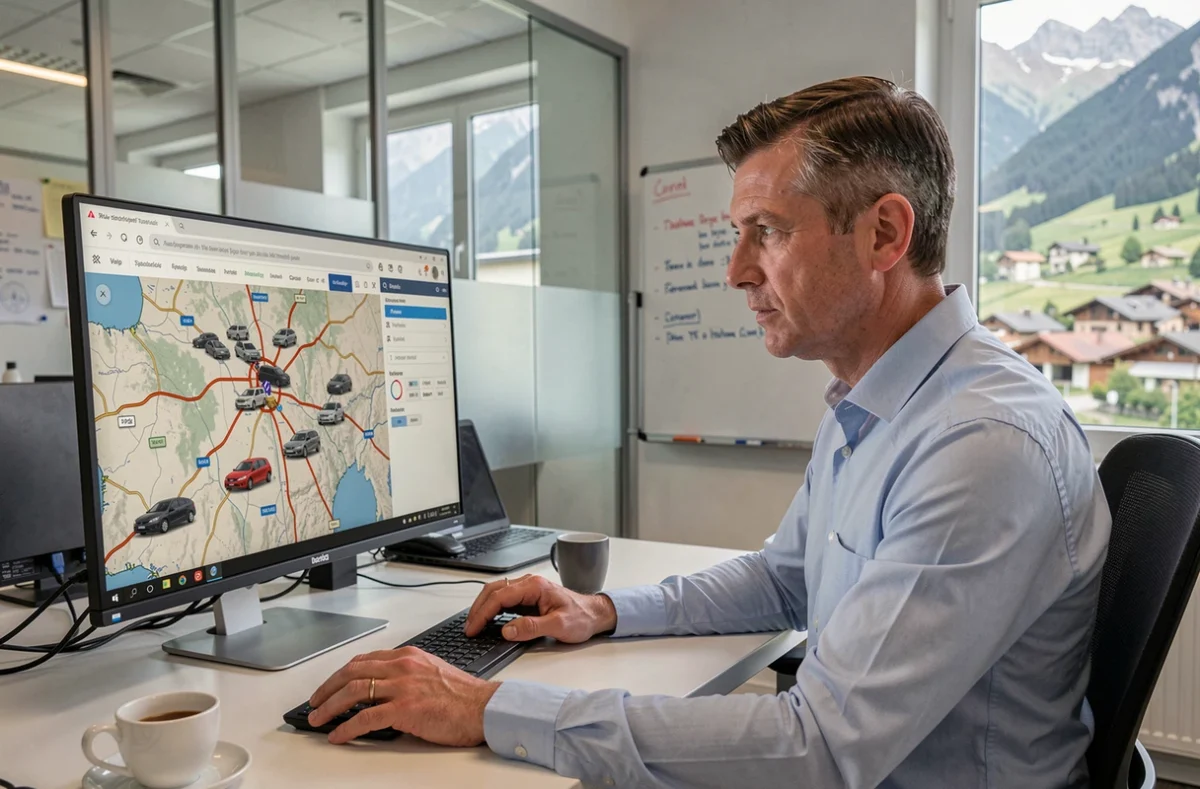 Responsable de flotte consulte un tableau de bord de suivi GPS en temps réel dans un bureau logistique à Veynes