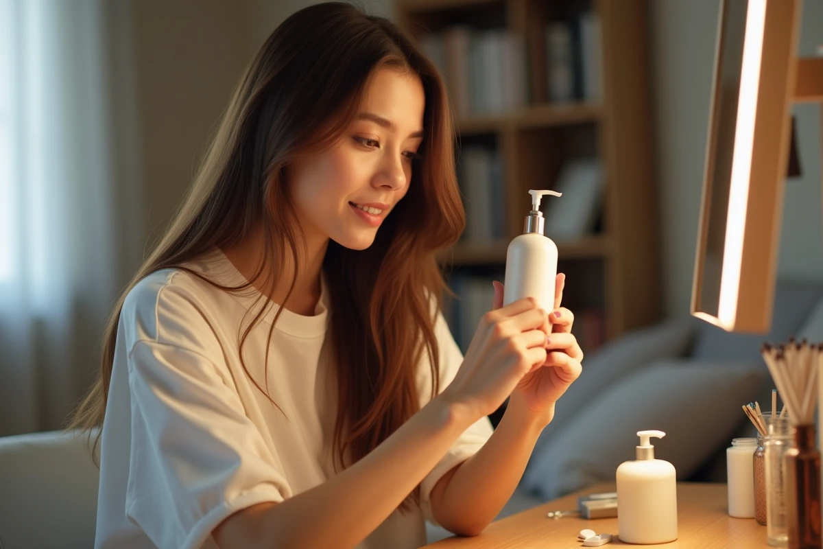 Jeune femme examinant un flacon de soin capillaire Level Up Carli à sa coiffeuse dans une chambre cosy aux tons neutres