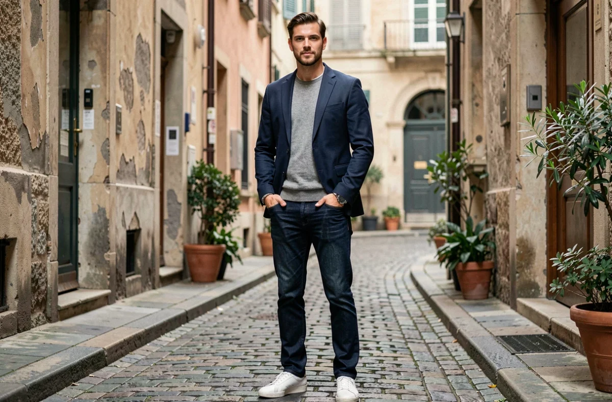 Homme stylé en blazer marine et jean indigo posant dans une rue pavée européenne, conseils de style masculin intemporel