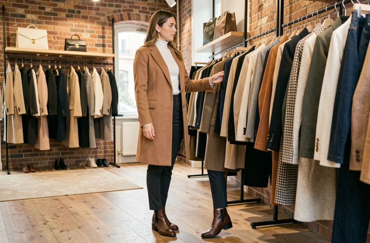 Femme élégante en manteau camel qui fait du shopping dans une boutique parisienne tendance, illustration des tendances mode automne-hiver