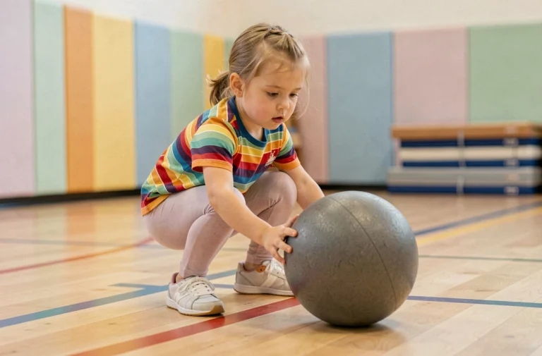 Petite fille en tenue de sport qui donne un coup de pied dans un ballon en mousse dans une salle de gym colorée
