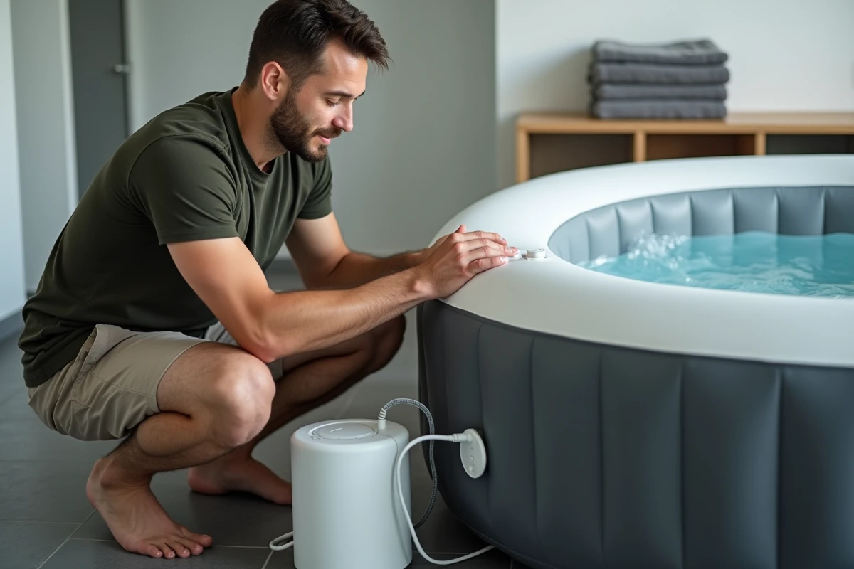 Homme ouvrant la valve de vidange d'air d'un spa gonflable MSPA Lite à l'intérieur
