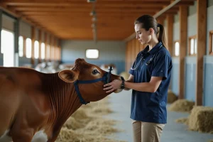 Vétérinaire posant un collier intelligent sur une vache dans une ferme moderne
